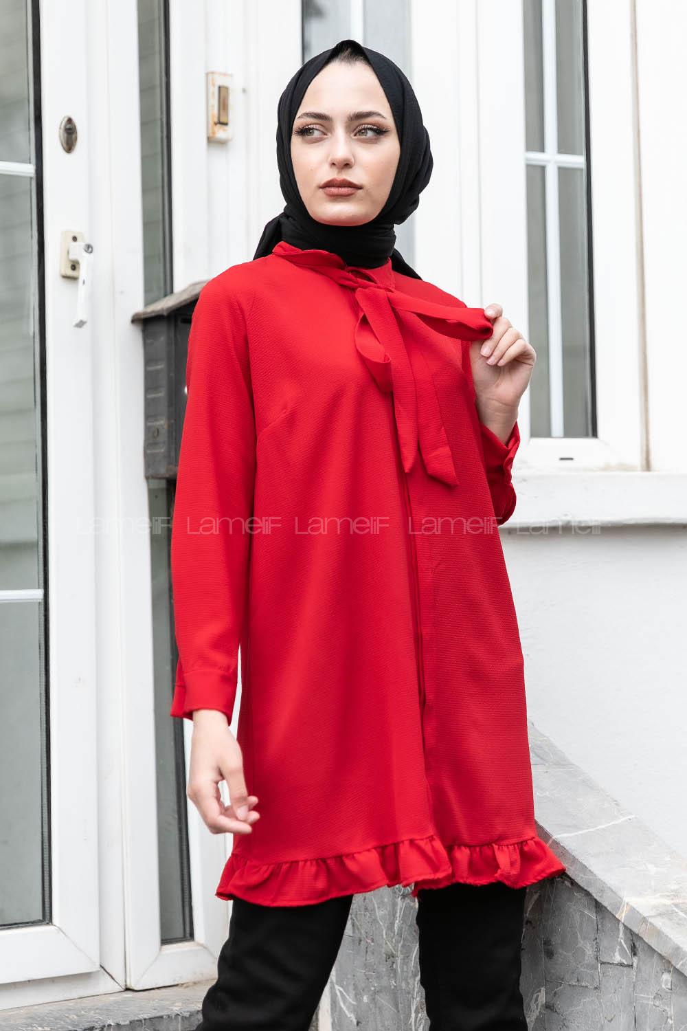 Modalamelif Önü Gizli Düğmeli Fırfırlı Tunik Kırmızı