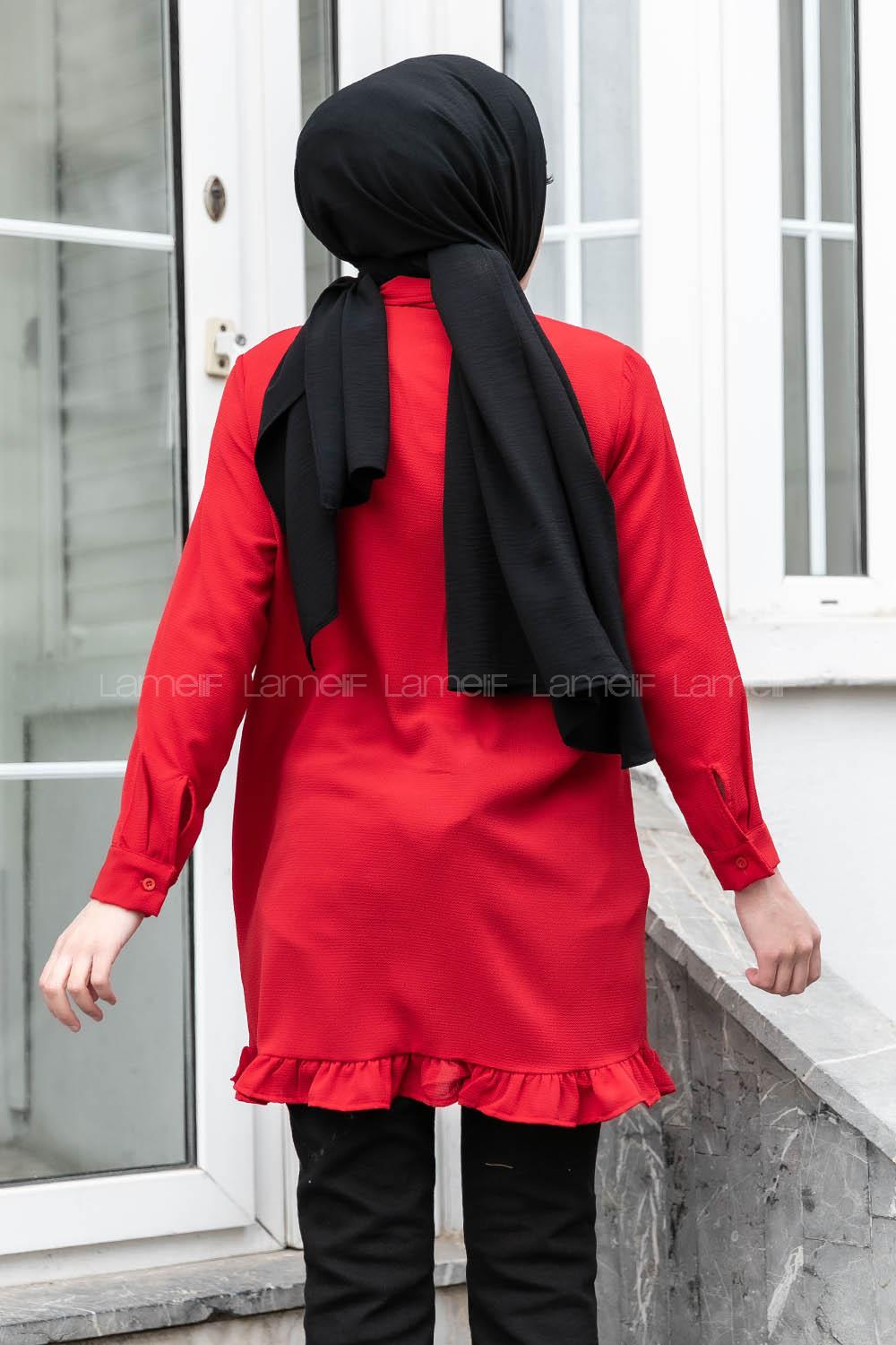 Modalamelif Önü Gizli Düğmeli Fırfırlı Tunik Kırmızı
