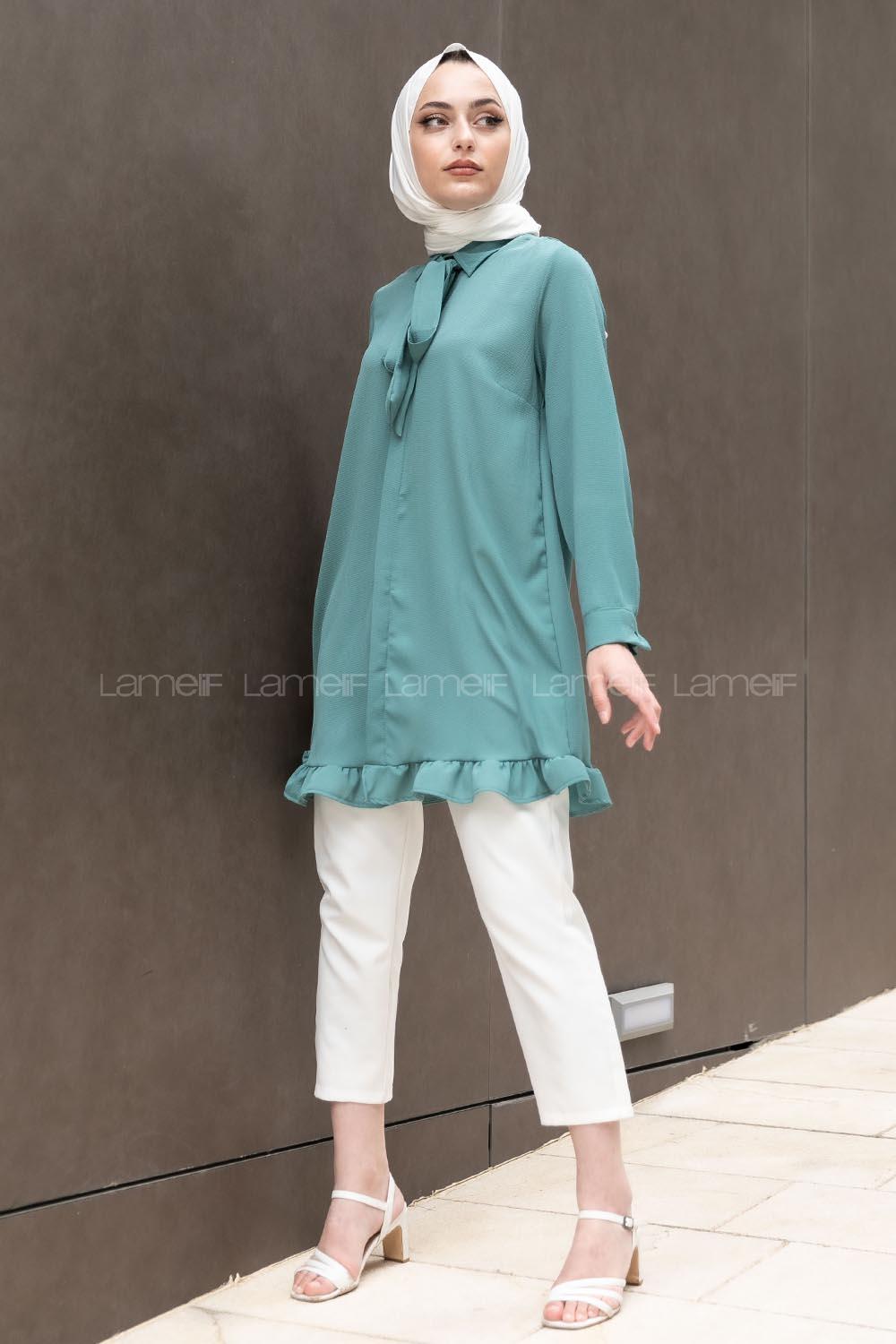 Modalamelif Önü Gizli Düğmeli Fırfırlı Tunik Pastel Yeşili