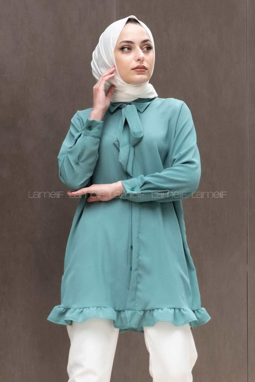 Modalamelif Önü Gizli Düğmeli Fırfırlı Tunik Pastel Yeşili