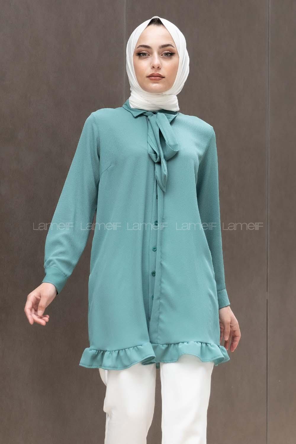 Modalamelif Önü Gizli Düğmeli Fırfırlı Tunik Pastel Yeşili