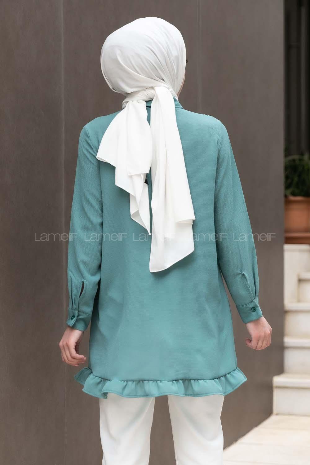 Modalamelif Önü Gizli Düğmeli Fırfırlı Tunik Pastel Yeşili