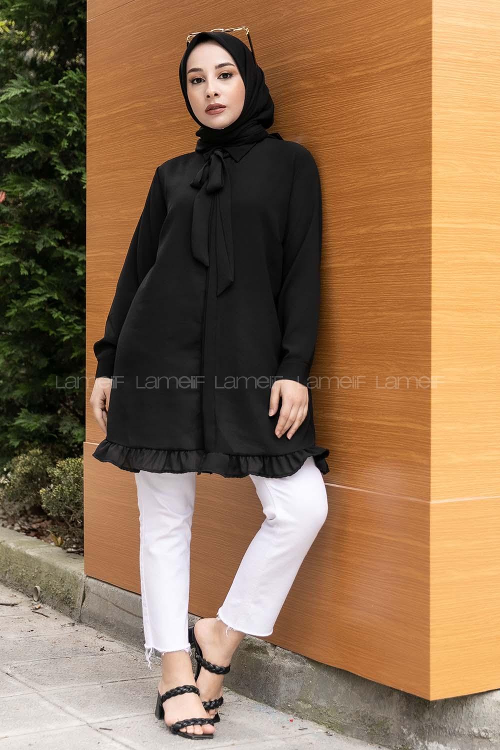 Modalamelif Önü Gizli Düğmeli Fırfırlı Tunik Siyah