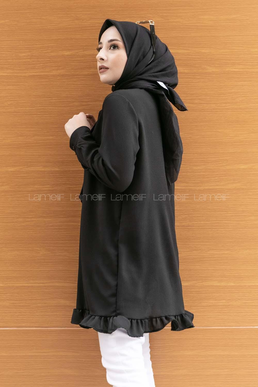 Modalamelif Önü Gizli Düğmeli Fırfırlı Tunik Siyah