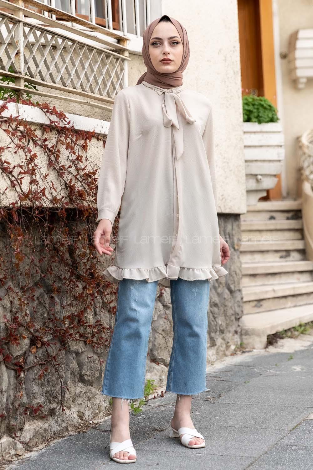 Modalamelif Önü Gizli Düğmeli Fırfırlı Tunik Taş