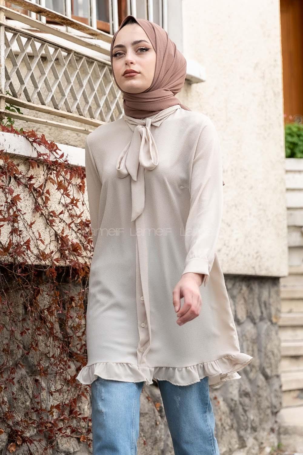 Modalamelif Önü Gizli Düğmeli Fırfırlı Tunik Taş