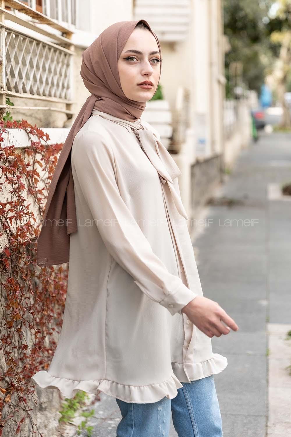 Modalamelif Önü Gizli Düğmeli Fırfırlı Tunik Taş