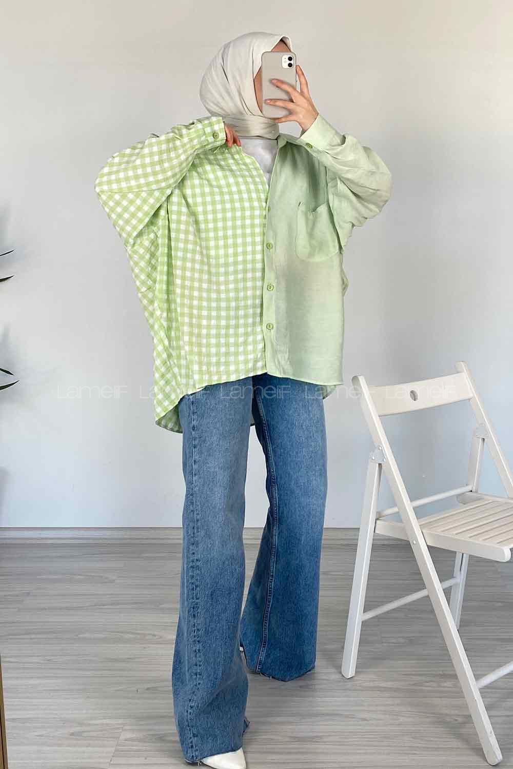 Modalamelif Oversize Ekose Gömlek Fıstık Yeşili