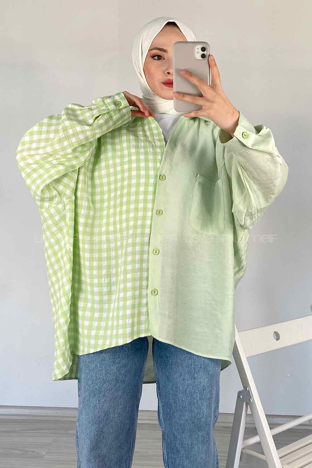 Modalamelif Oversize Ekose Gömlek Fıstık Yeşili