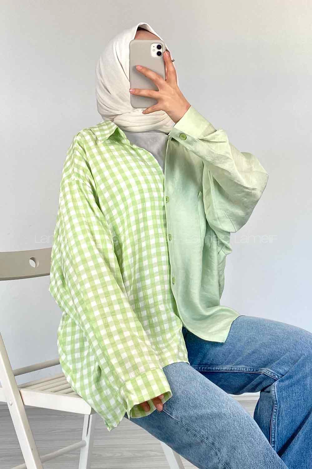 Modalamelif Oversize Ekose Gömlek Fıstık Yeşili