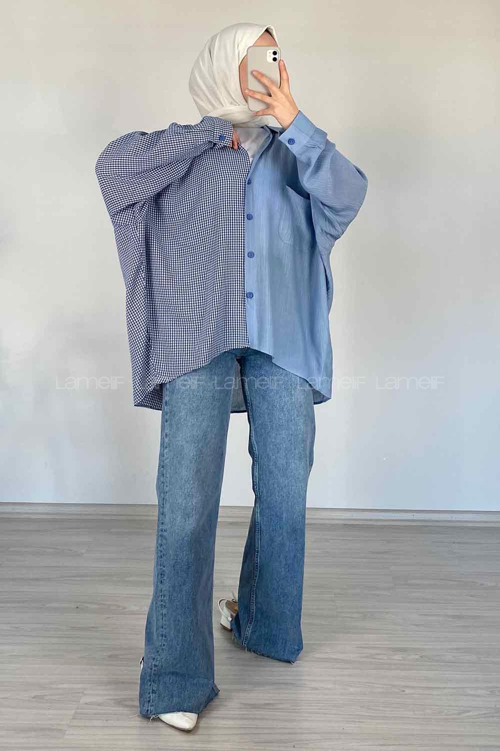 Modalamelif Oversize Ekose Gömlek Mavi