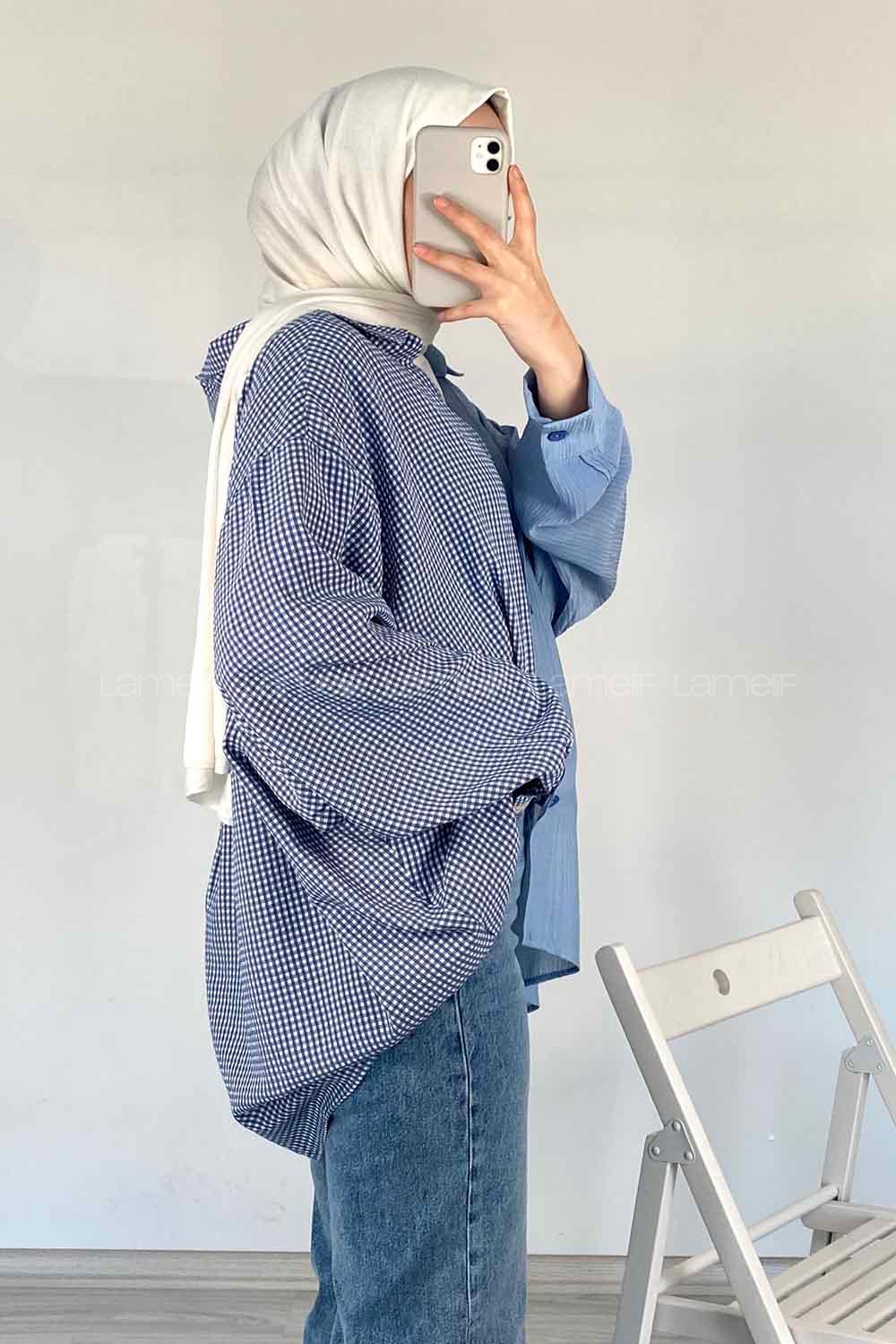 Modalamelif Oversize Ekose Gömlek Mavi