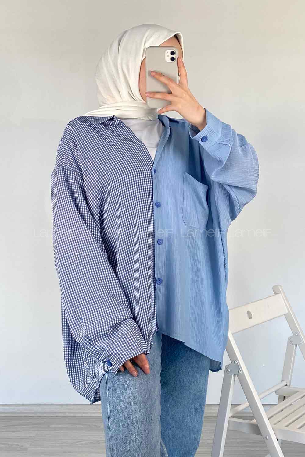 Modalamelif Oversize Ekose Gömlek Mavi