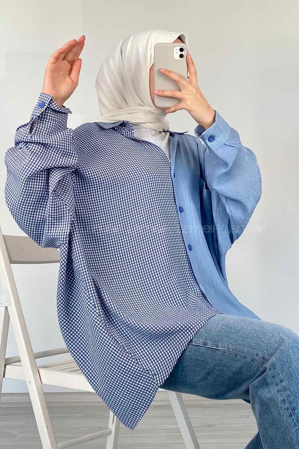 Modalamelif Oversize Ekose Gömlek Mavi