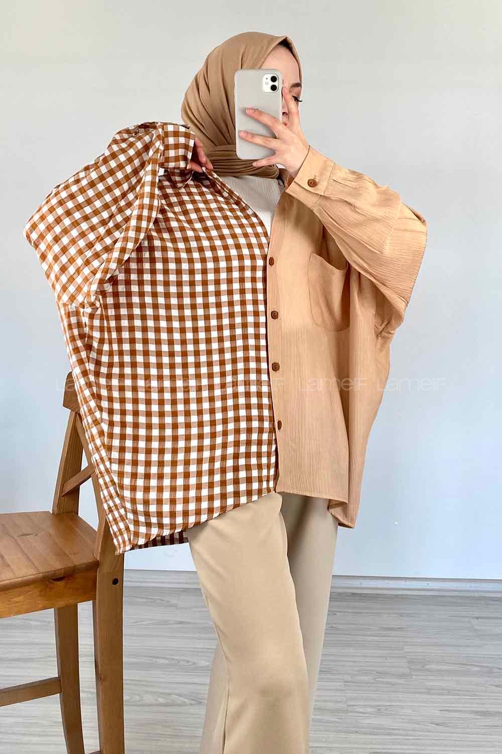 Modalamelif Oversize Ekose Gömlek Sütlü Kahve