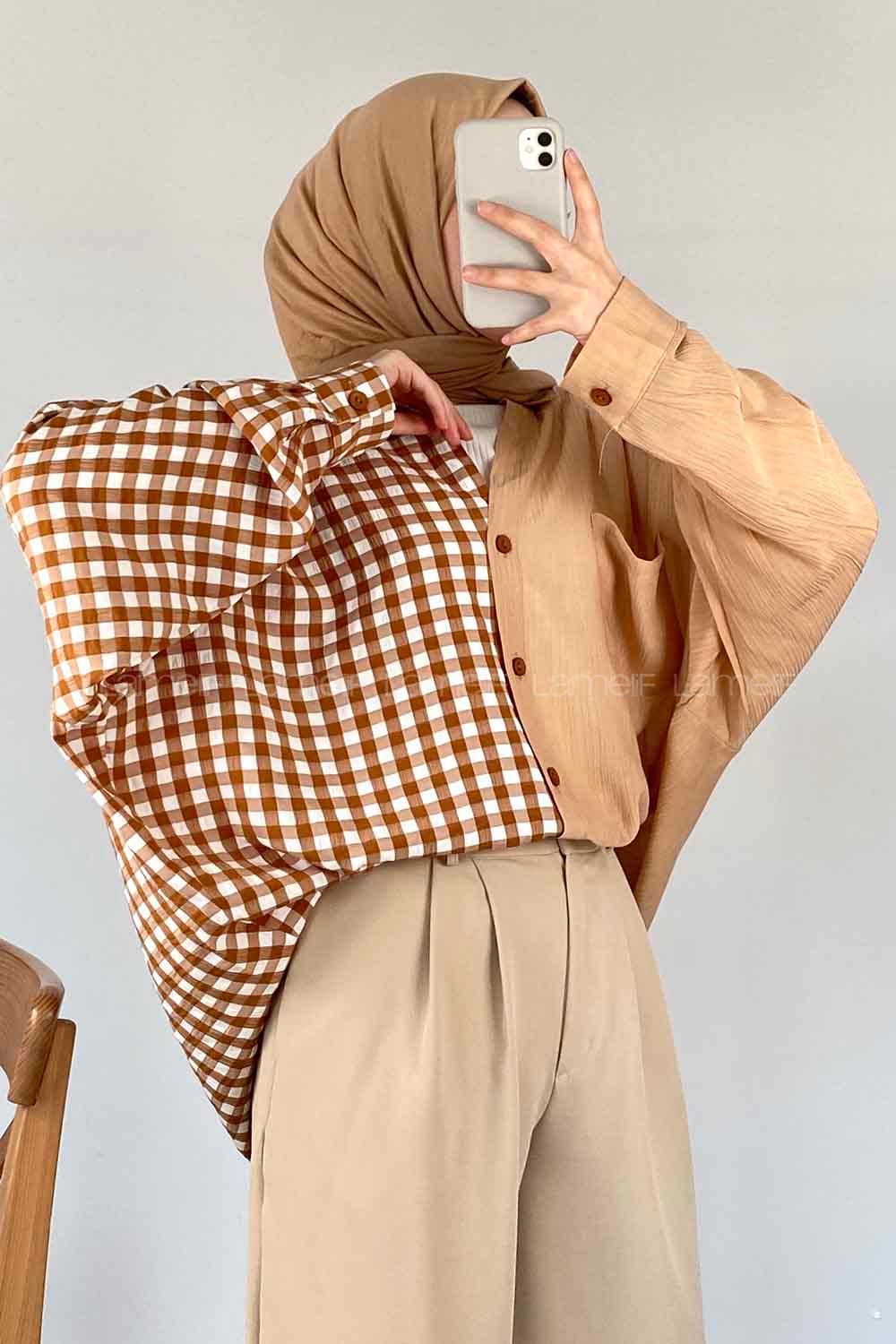 Modalamelif Oversize Ekose Gömlek Sütlü Kahve