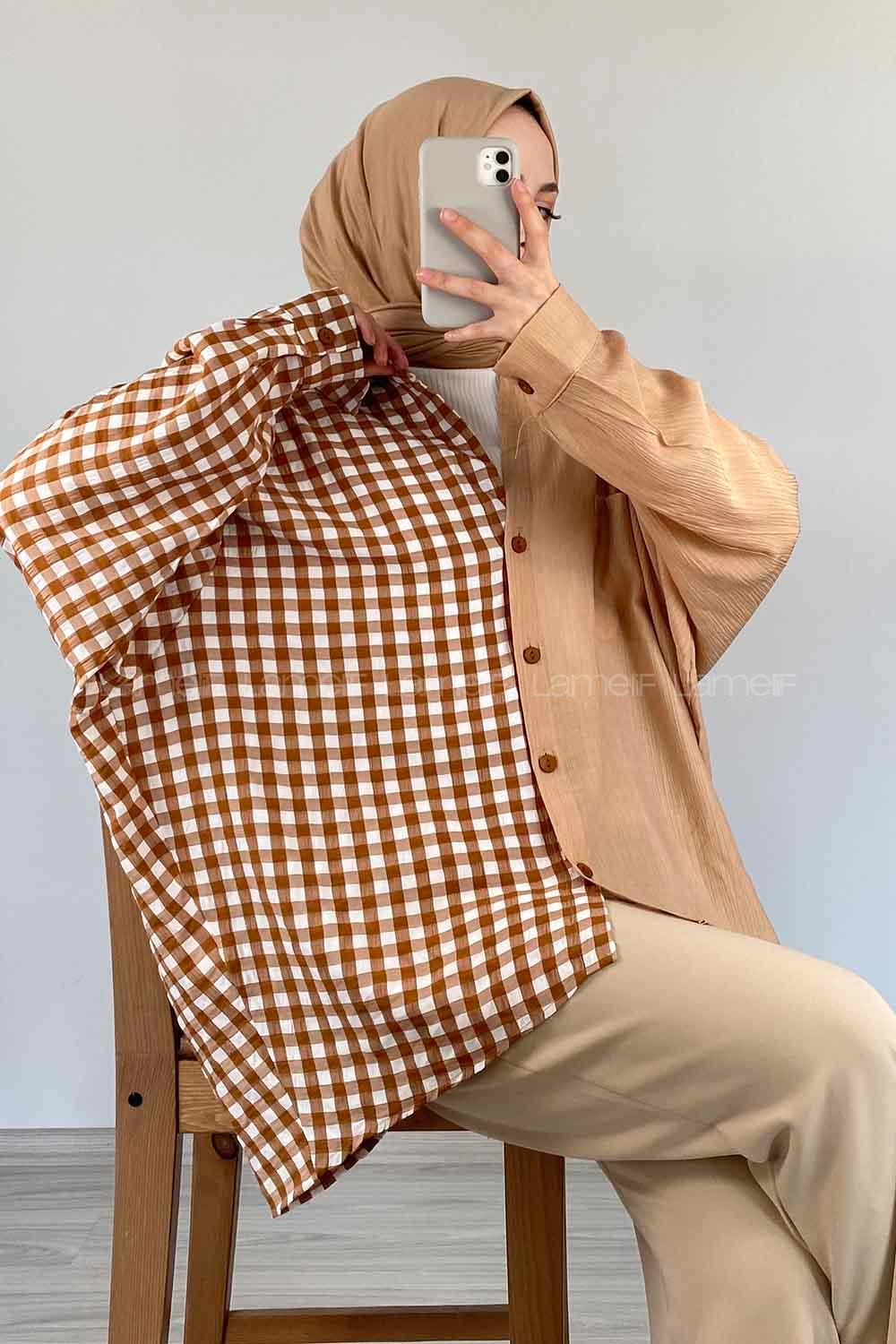 Modalamelif Oversize Ekose Gömlek Sütlü Kahve