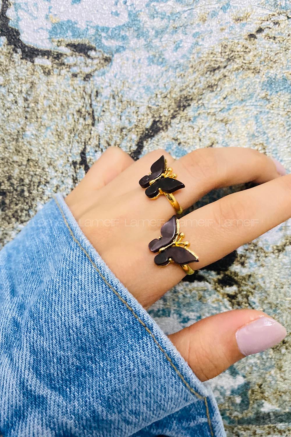 Modalamelif Siyah Gold Kelebek Yüzük