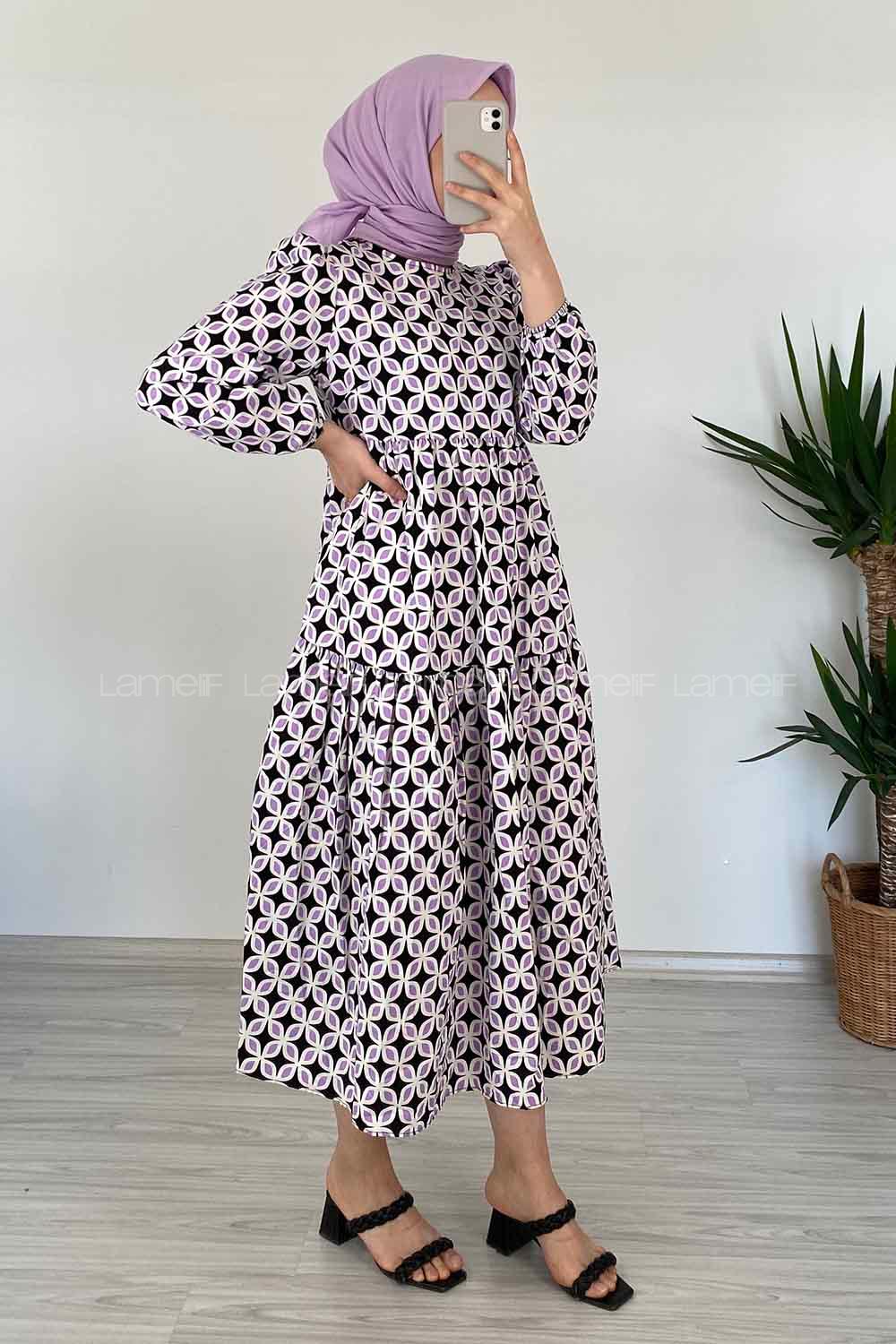 Modalamelif Soyut Desen Kol Lastikli Elbise Lila