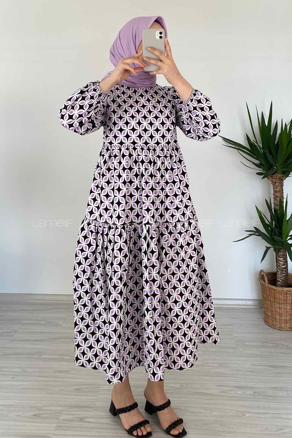 Modalamelif Soyut Desen Kol Lastikli Elbise Lila