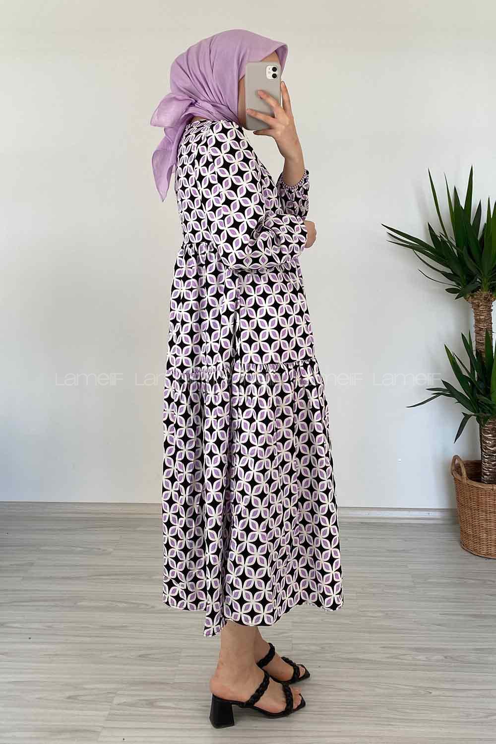 Modalamelif Soyut Desen Kol Lastikli Elbise Lila
