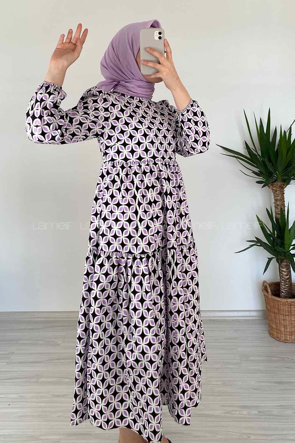 Modalamelif Soyut Desen Kol Lastikli Elbise Lila