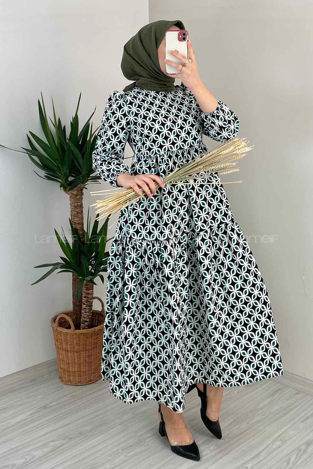Modalamelif Soyut Desen Kol Lastikli Elbise Yeşil
