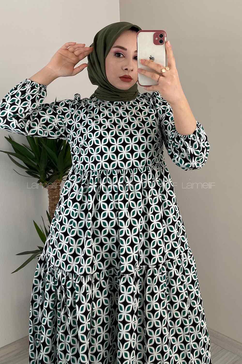 Modalamelif Soyut Desen Kol Lastikli Elbise Yeşil
