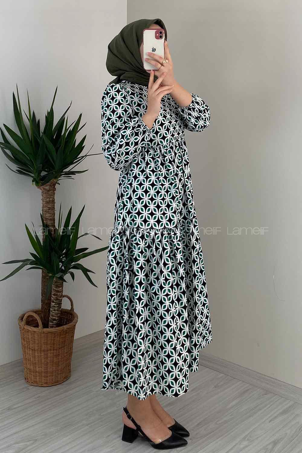 Modalamelif Soyut Desen Kol Lastikli Elbise Yeşil