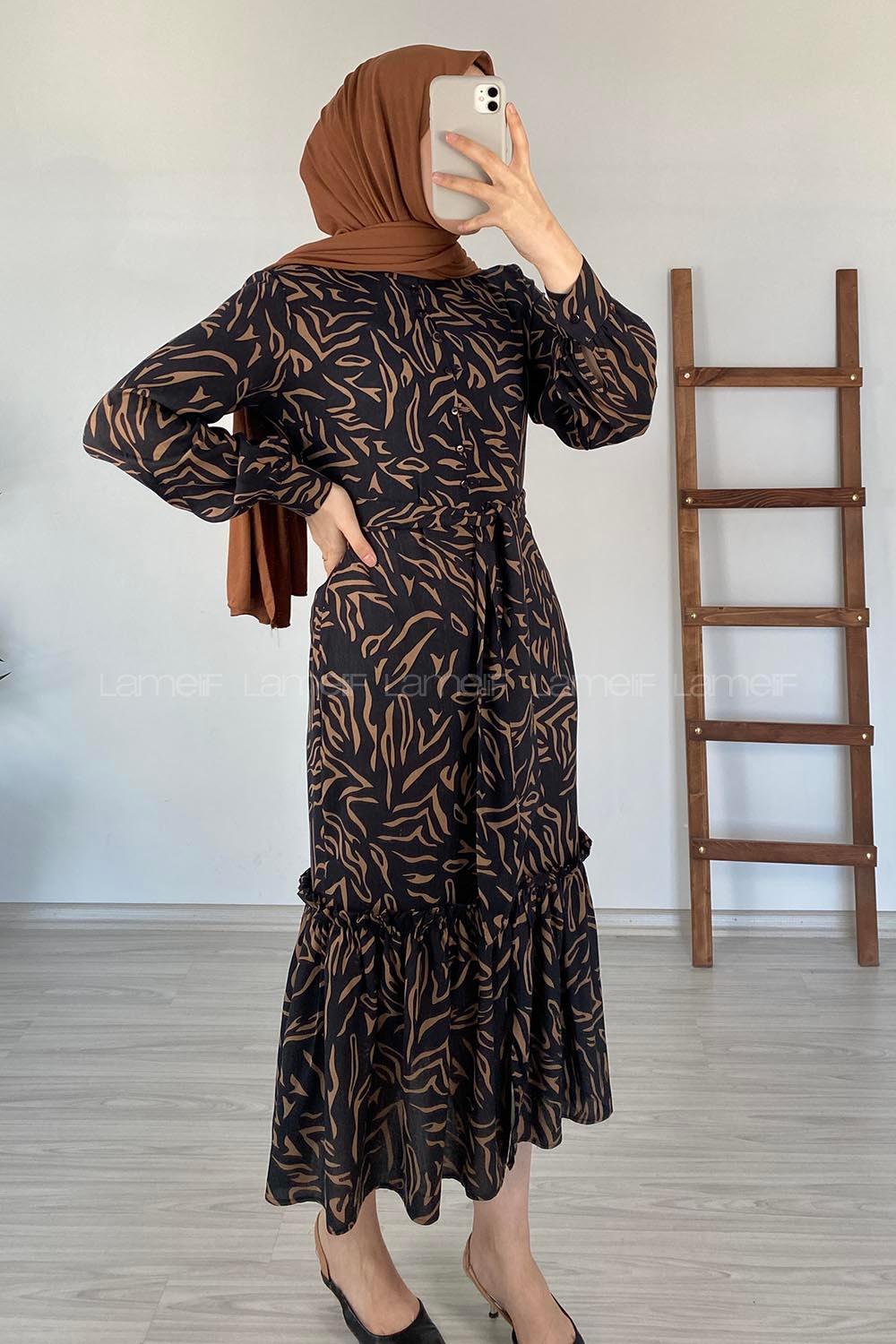 Modalamelif Soyut Desen Kuaşaklı Elbise Acı Kahve