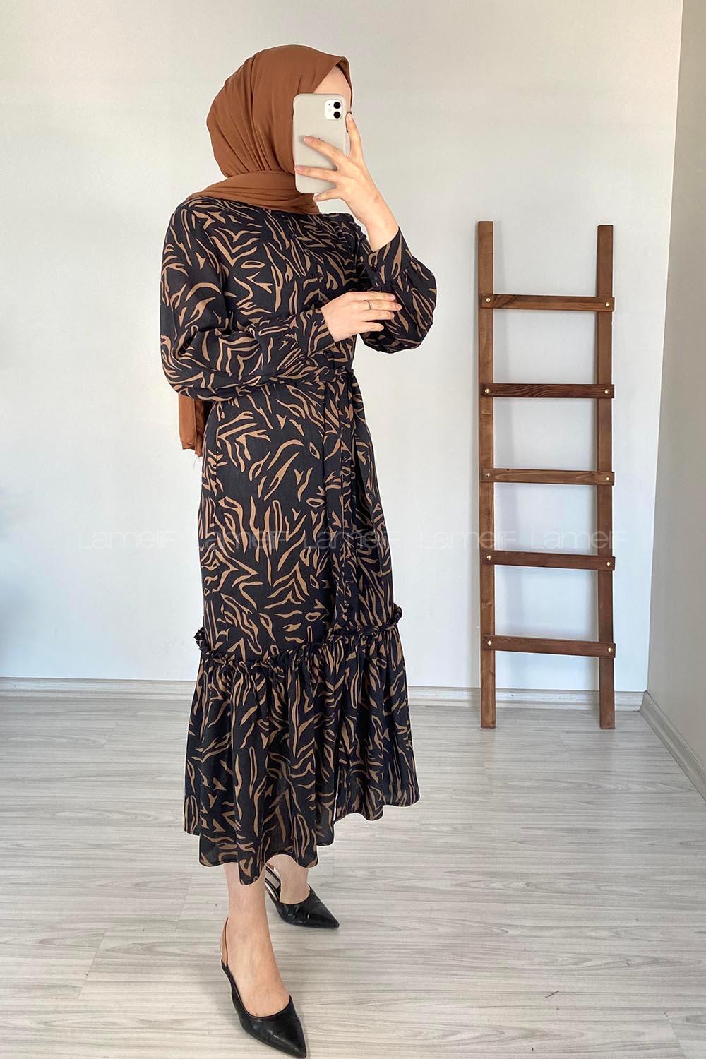 Modalamelif Soyut Desen Kuaşaklı Elbise Acı Kahve