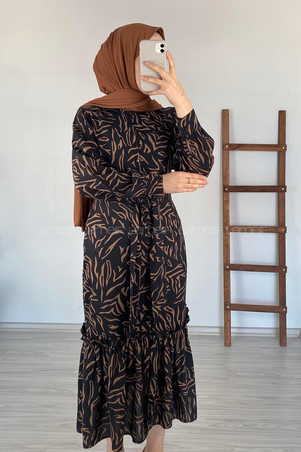 Modalamelif Soyut Desen Kuaşaklı Elbise Acı Kahve