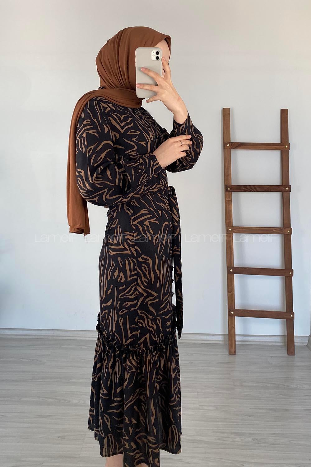 Modalamelif Soyut Desen Kuaşaklı Elbise Acı Kahve