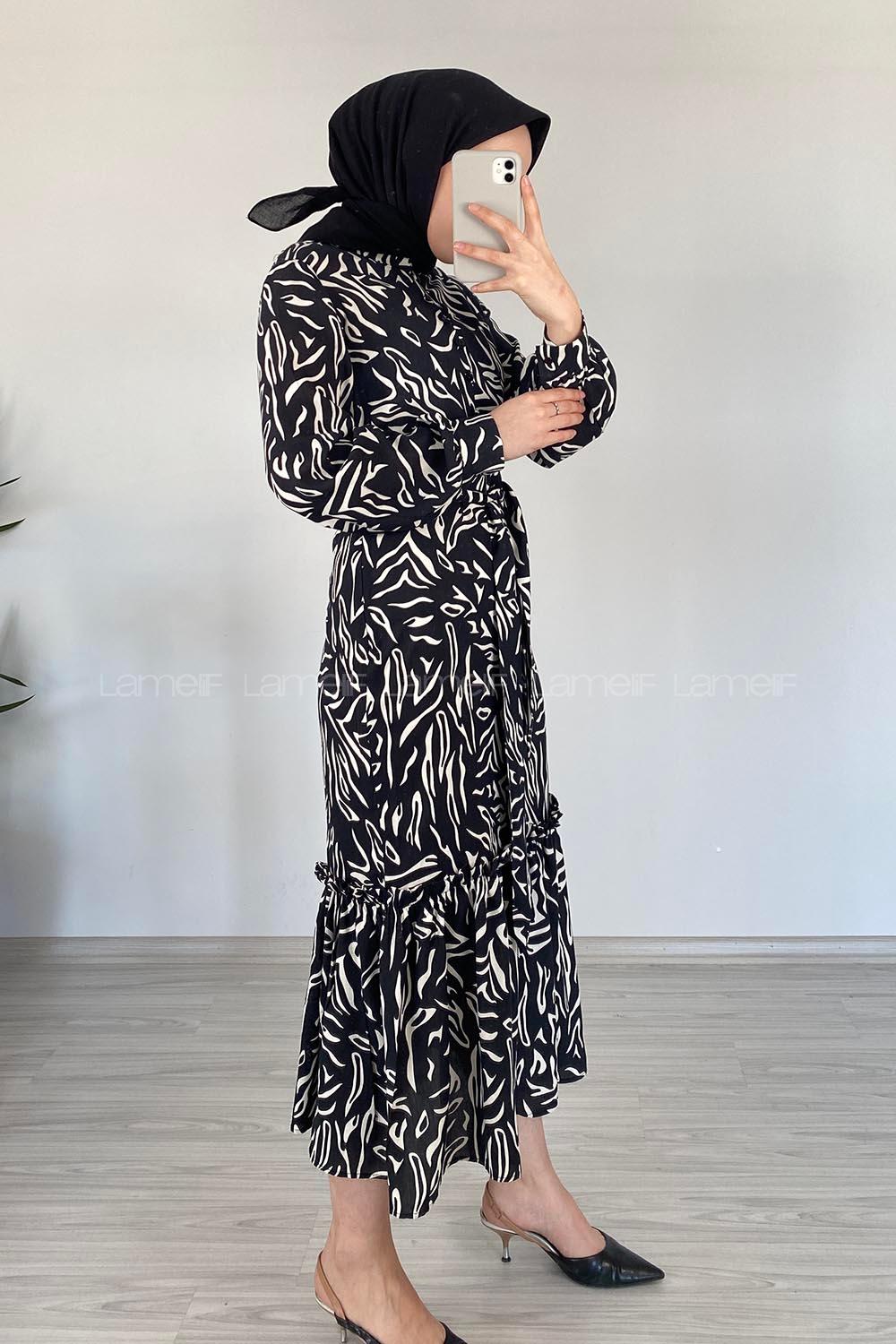 Modalamelif Soyut Desen Kuaşaklı Elbise Siyah