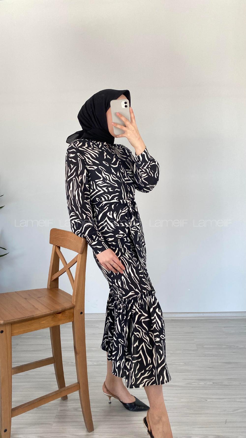 Modalamelif Soyut Desen Kuaşaklı Elbise Siyah