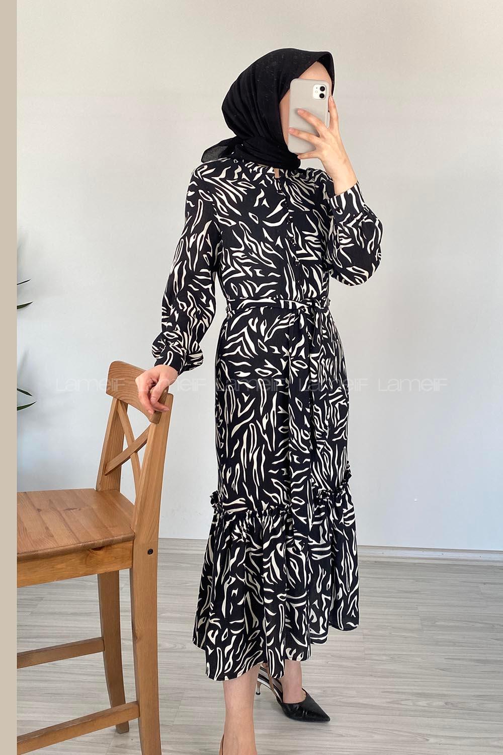 Modalamelif Soyut Desen Kuaşaklı Elbise Siyah