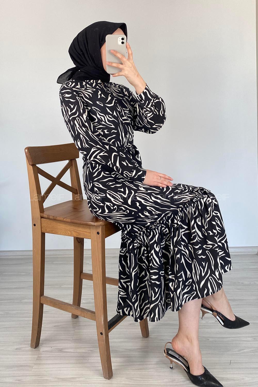 Modalamelif Soyut Desen Kuaşaklı Elbise Siyah