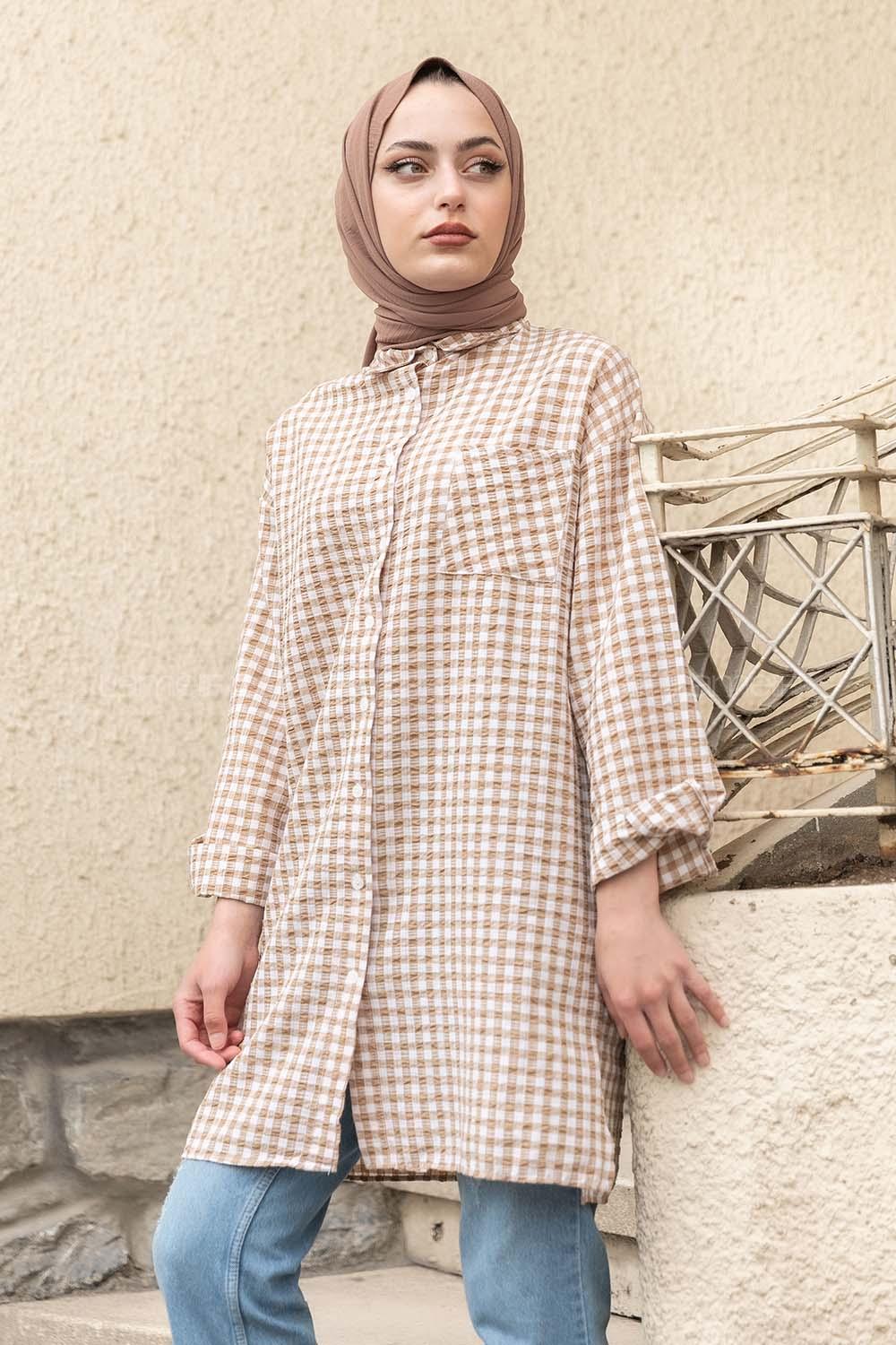 Modalamelif Tek Cepli Gofre Tunik Sütlü Kahve