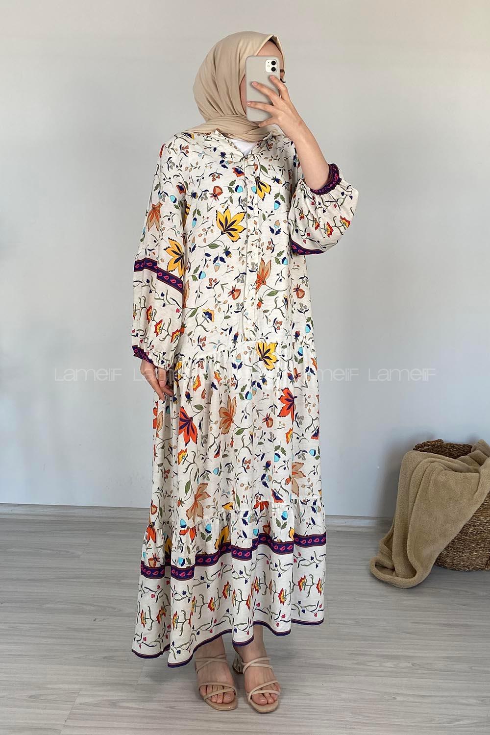 Modalamelif V Yaka Çiçek Desenli Elbise Ekru