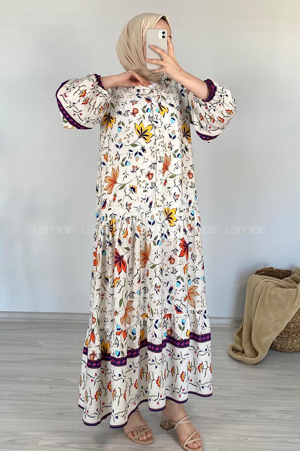 Modalamelif V Yaka Çiçek Desenli Elbise Ekru