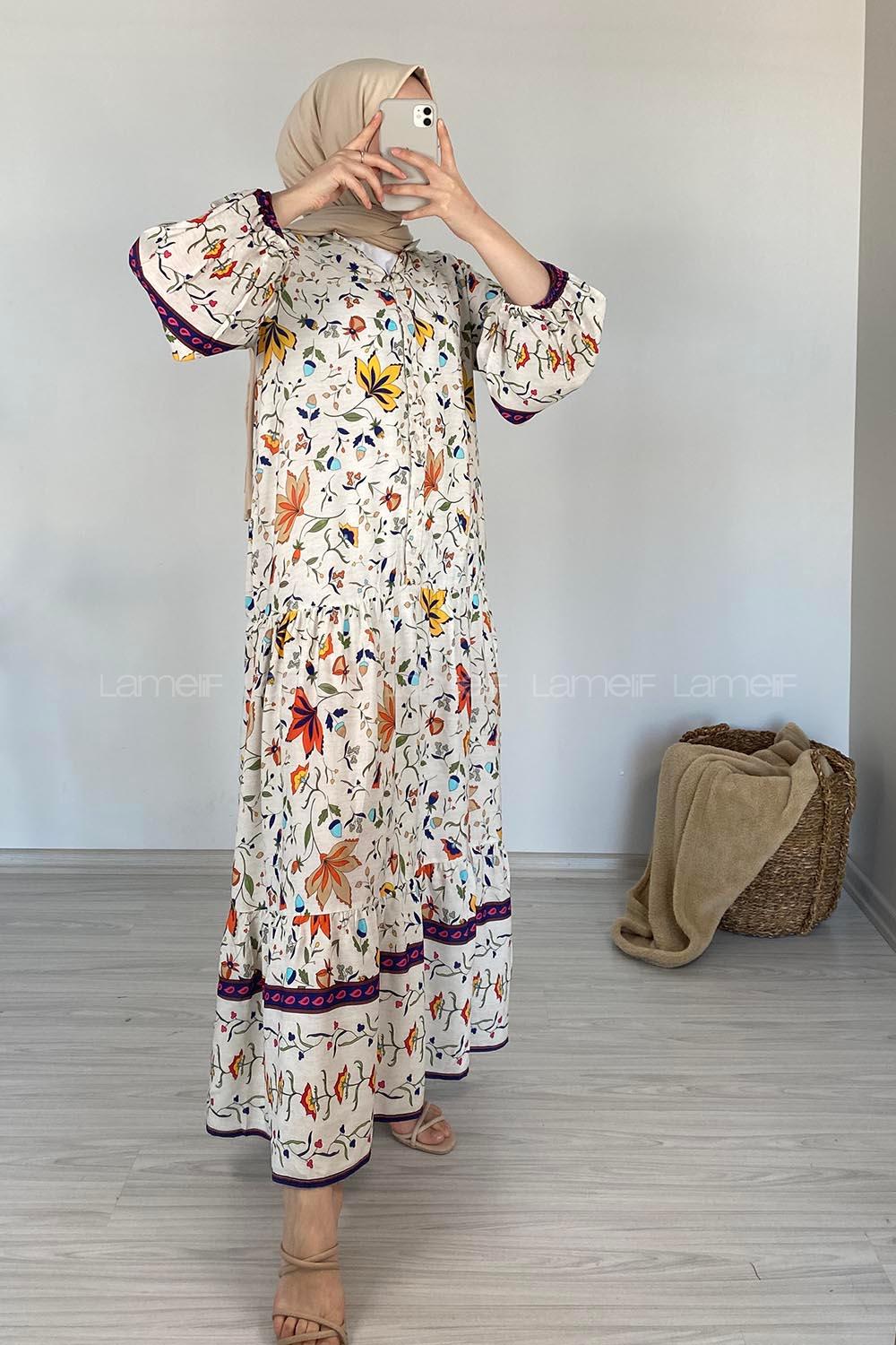 Modalamelif V Yaka Çiçek Desenli Elbise Ekru