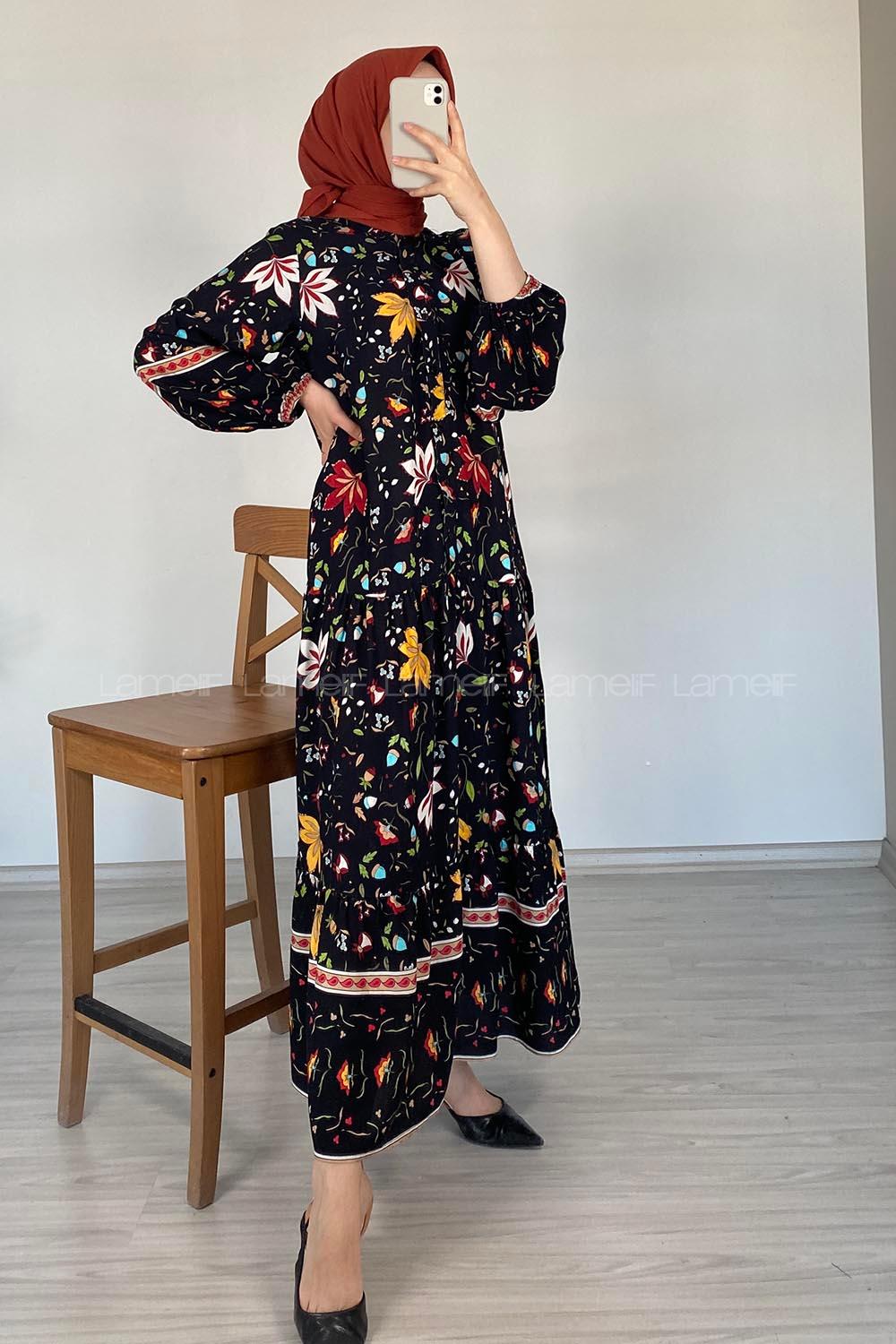 Modalamelif V Yaka Çiçek Desenli Elbise Siyah