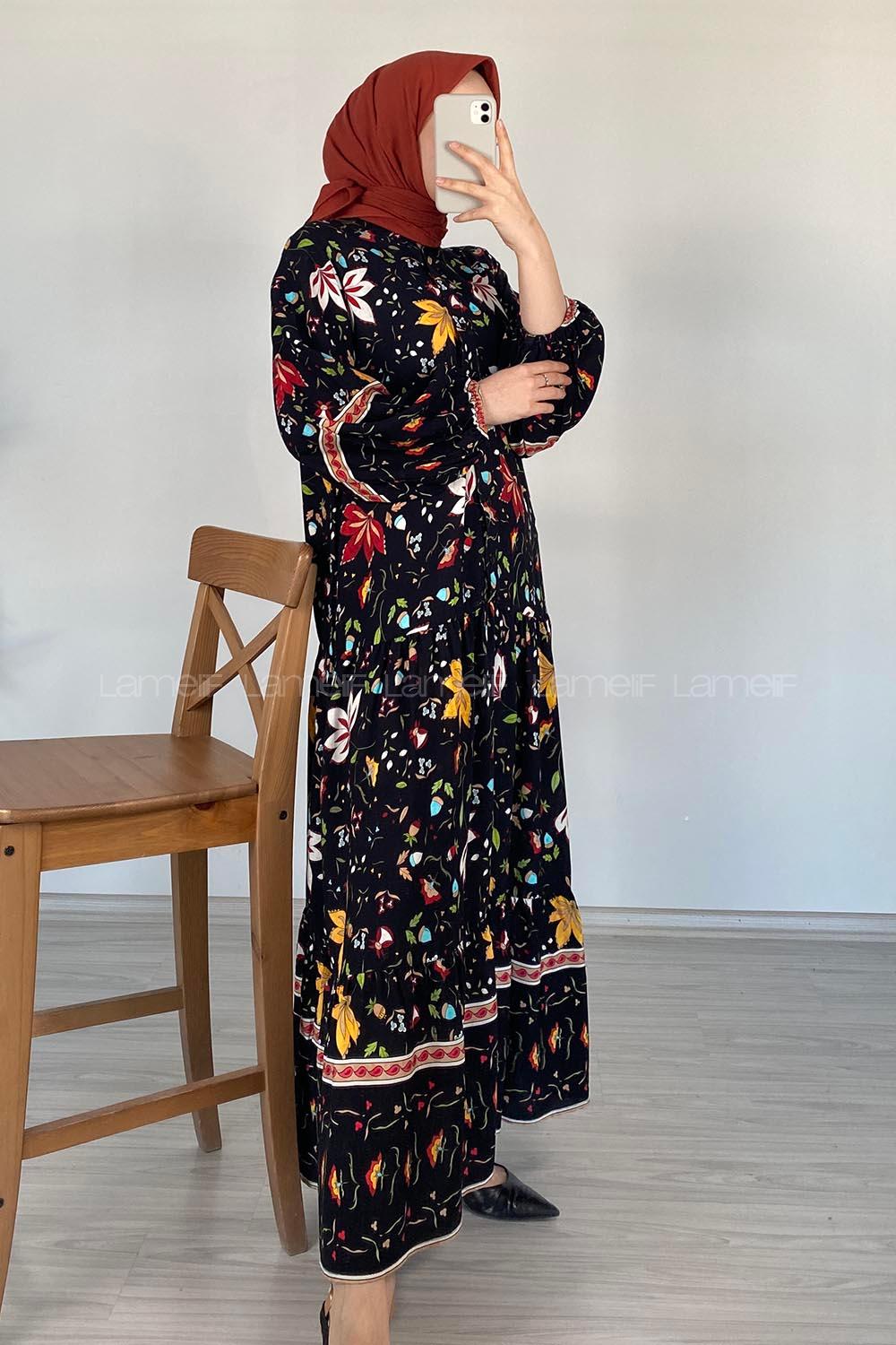 Modalamelif V Yaka Çiçek Desenli Elbise Siyah