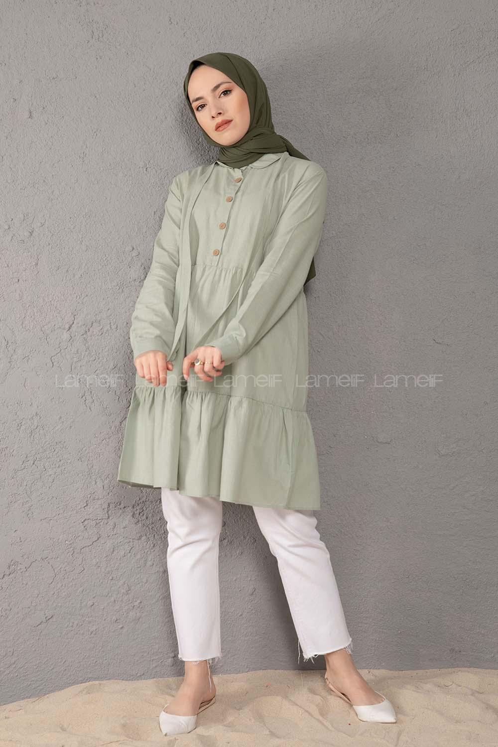 Modalamelif Yaka Bağlamalı Fırfırlı Tunik Çağla Yeşili