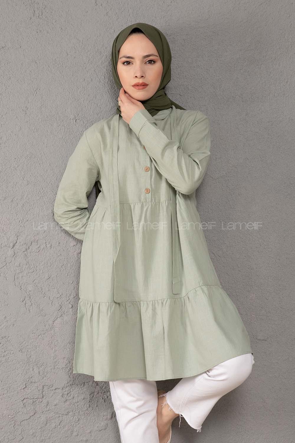 Modalamelif Yaka Bağlamalı Fırfırlı Tunik Çağla Yeşili