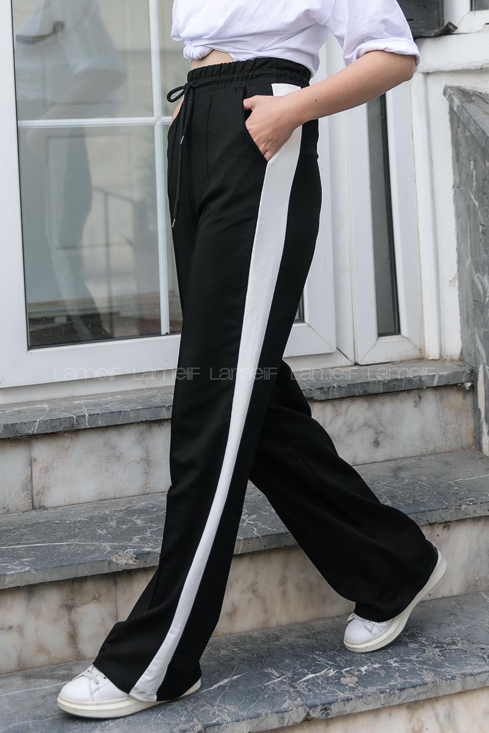 Modalamelif Yanı Şeritli Bol Paça Eşofman Altı Siyah