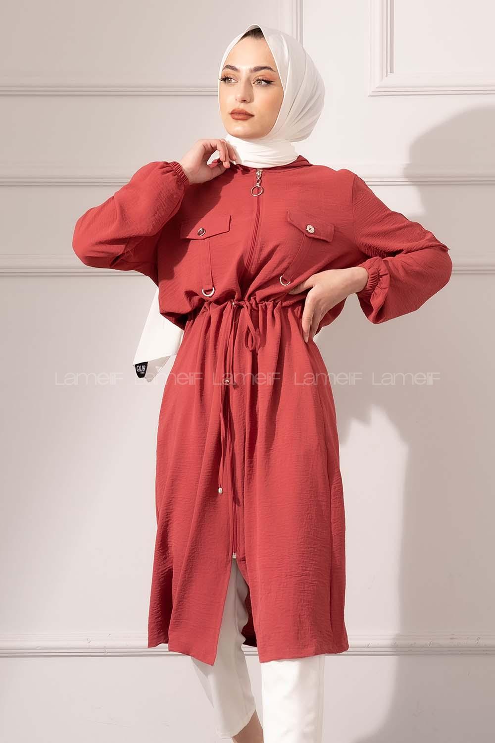 Modalamelif Bel Bağcıklı Önü Fermuarlı Trenç Koyu Pembe