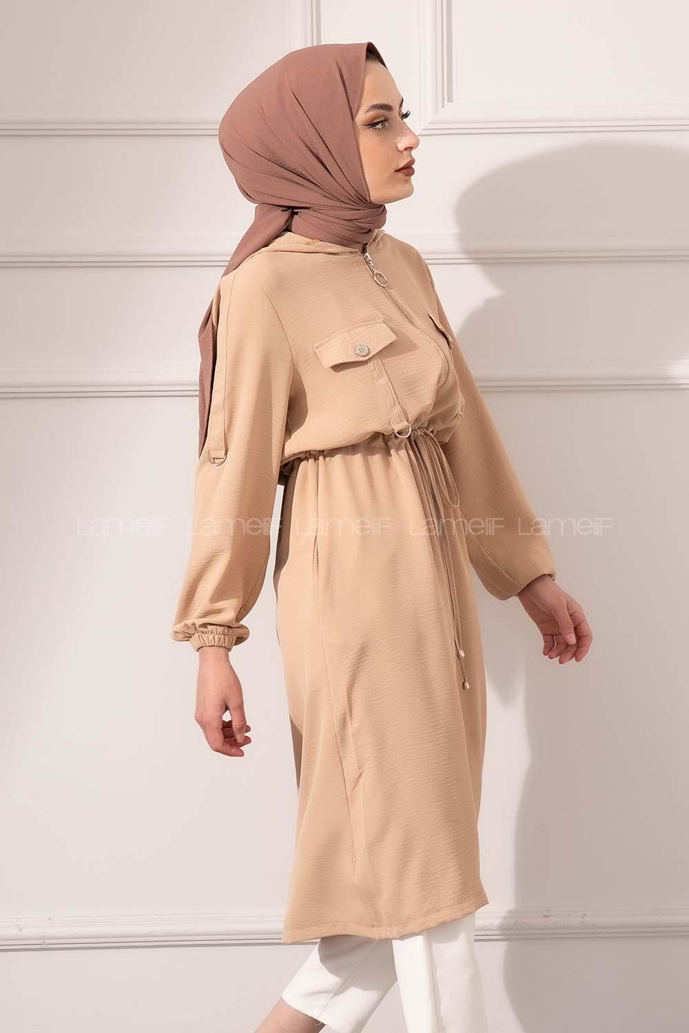 Modalamelif Bel Bağcıklı Önü Fermuarlı Trenç Sütlü Kahve