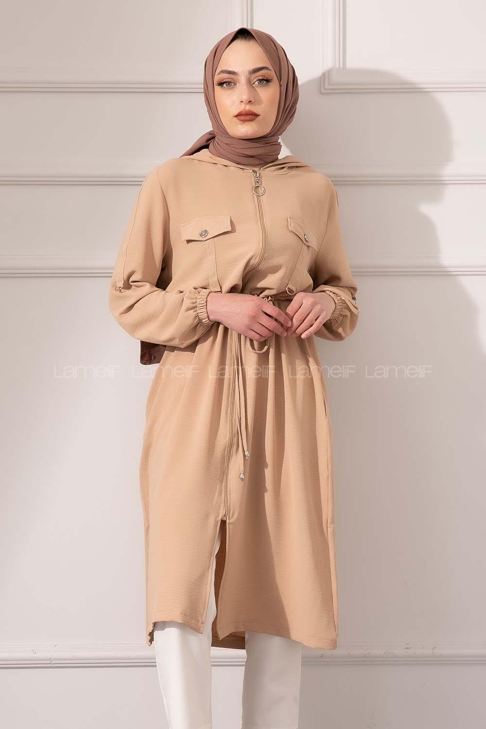 Modalamelif Bel Bağcıklı Önü Fermuarlı Trenç Sütlü Kahve