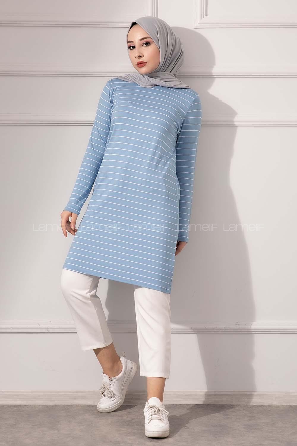 Modalamelif Bisiklet yaka Çizgili Tunik Açık Mavi